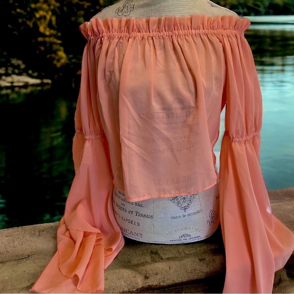 Feel beautiful in this romantic ruffled semi-sheer and feminine peach blouse